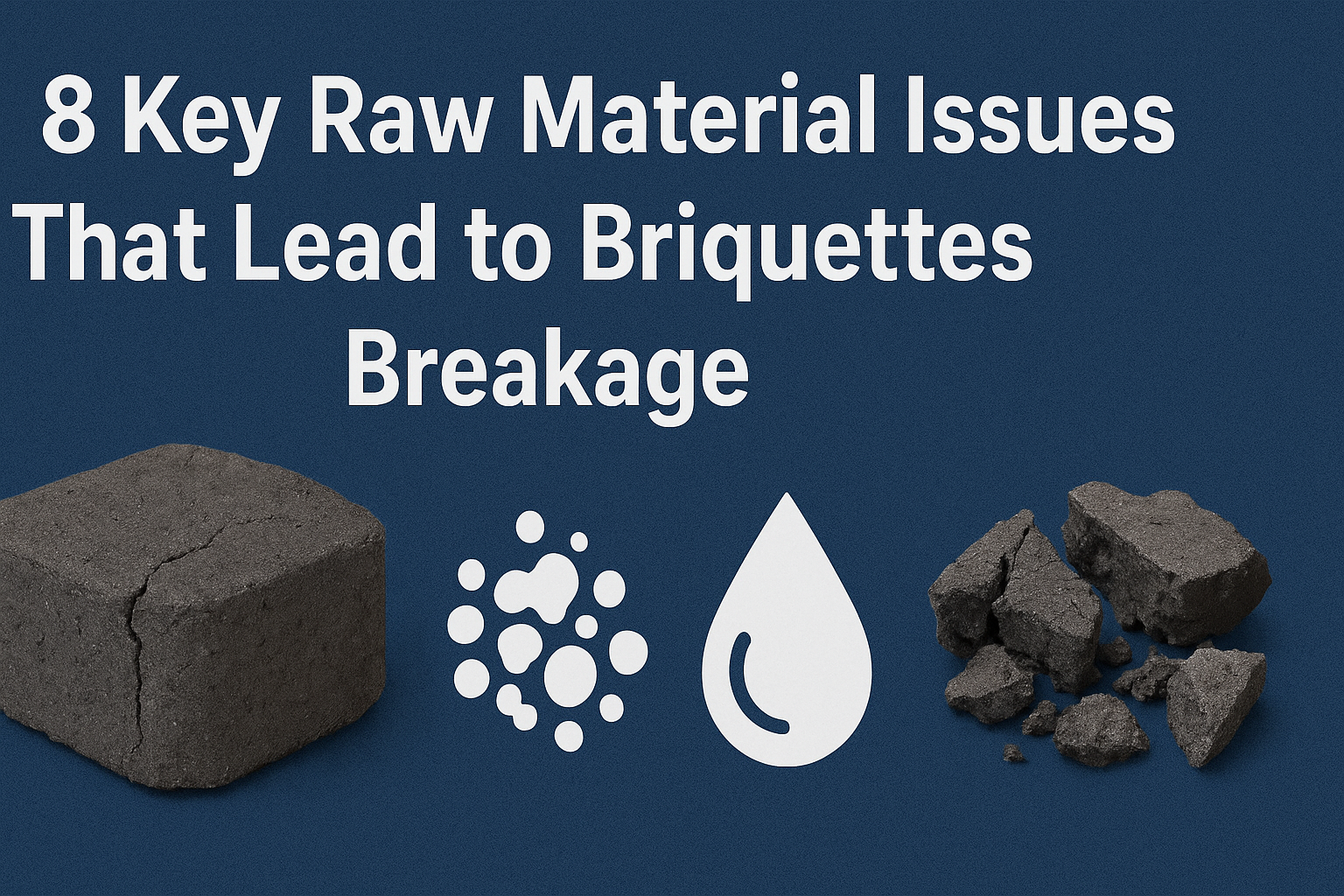 Image with the title "8 Key Raw Material Issues That Lead to Briquettes Breakage", showing a cracked briquette, icons representing particles and moisture, and broken briquette pieces against a dark blue background.
