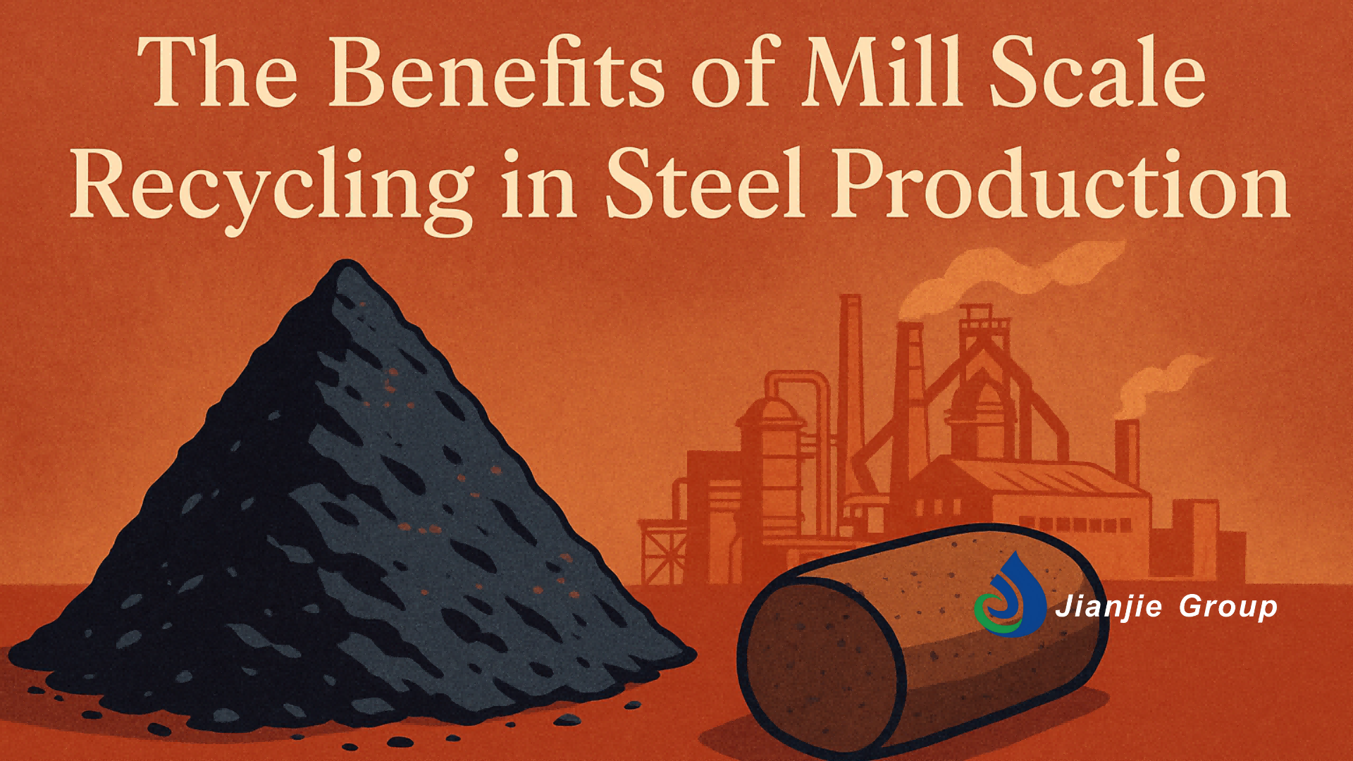 Illustration with the title "The Benefits of Mill Scale Recycling in Steel Production", showing a pile of mill scale, a cylindrical object, and a steel factory in the background, from Jianjie Group.
