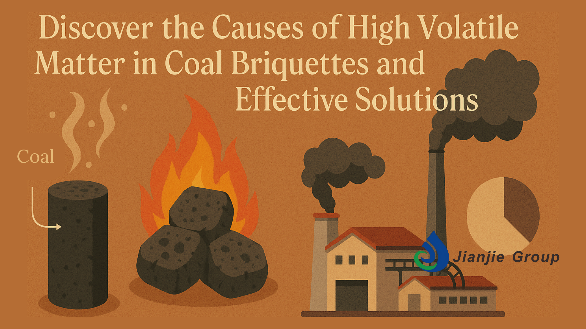 Illustration about discovering the causes of high volatile matter in coal briquettes and effective solutions, with elements like coal, burning coal briquettes, and a factory emitting smoke.