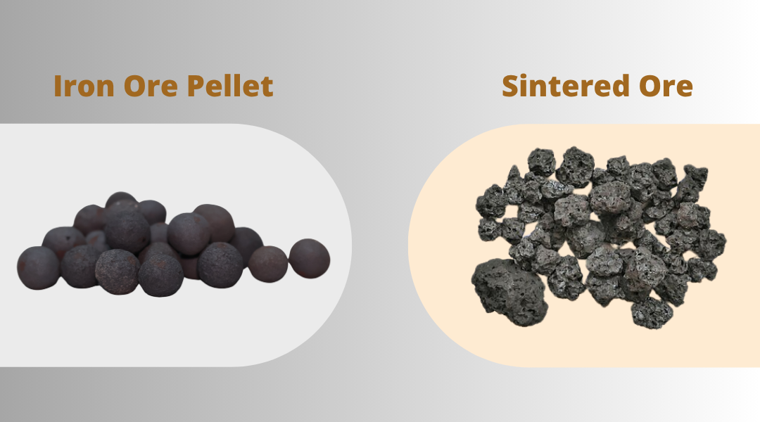 A side-by-side comparison image of Iron Ore Pellet (round, dark pellets on a light gray background) and Sintered Ore (irregular, dark gray lumps on a light beige background)