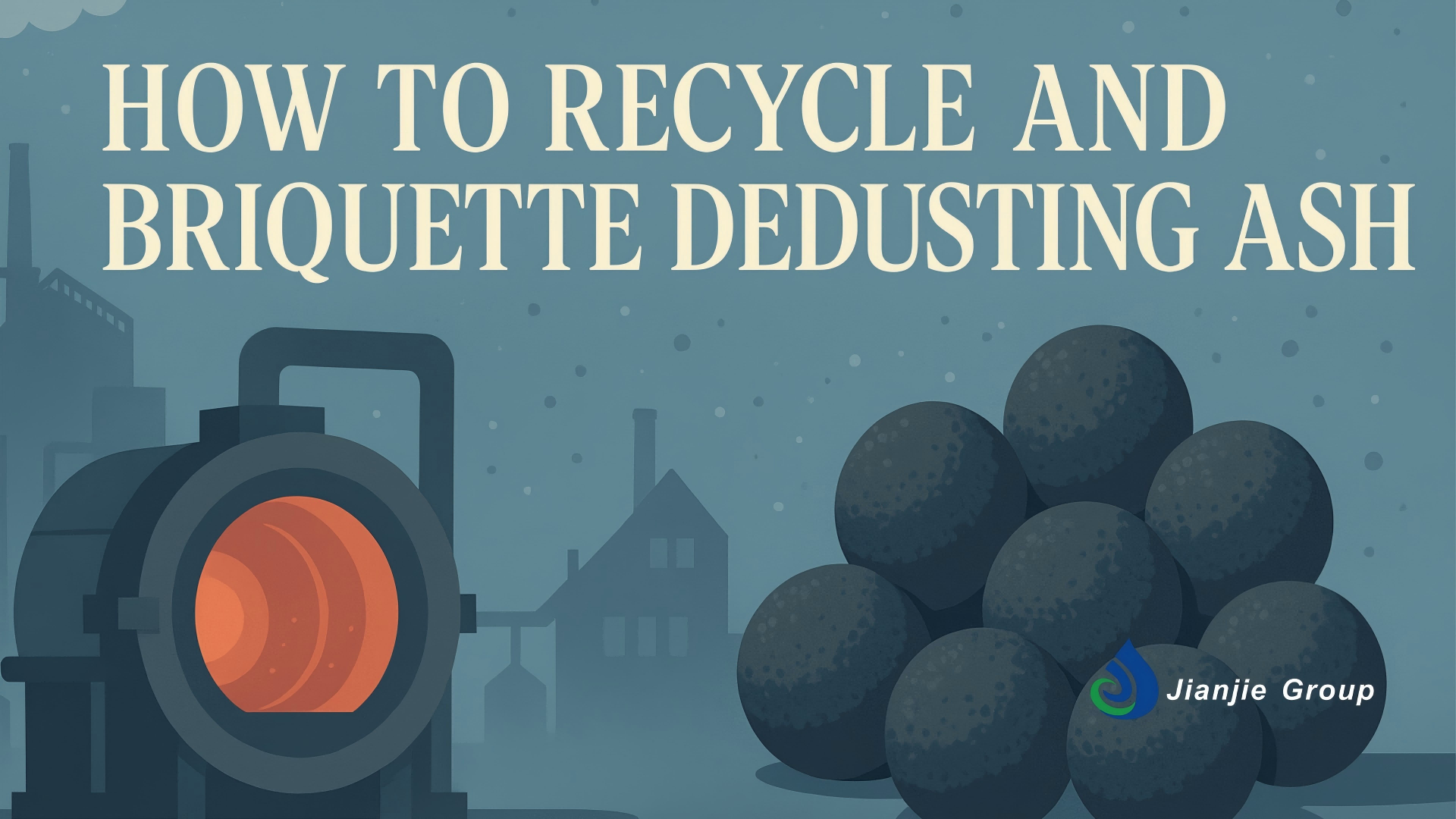 Illustration with the title "How to Recycle and Briquette Dedusting Ash", featuring industrial equipment, briquettes, and the Jianjie Group logo.