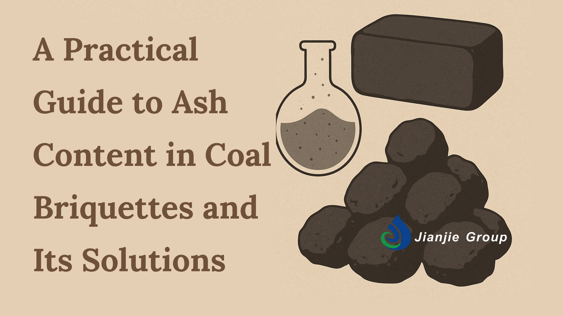 Image with the title "A Practical Guide to Ash Content in Coal Briquettes and Its Solutions", featuring illustrations of a flask with ash, a coal briquette block, and a pile of coal briquettes, along with the Jianjie Group logo.