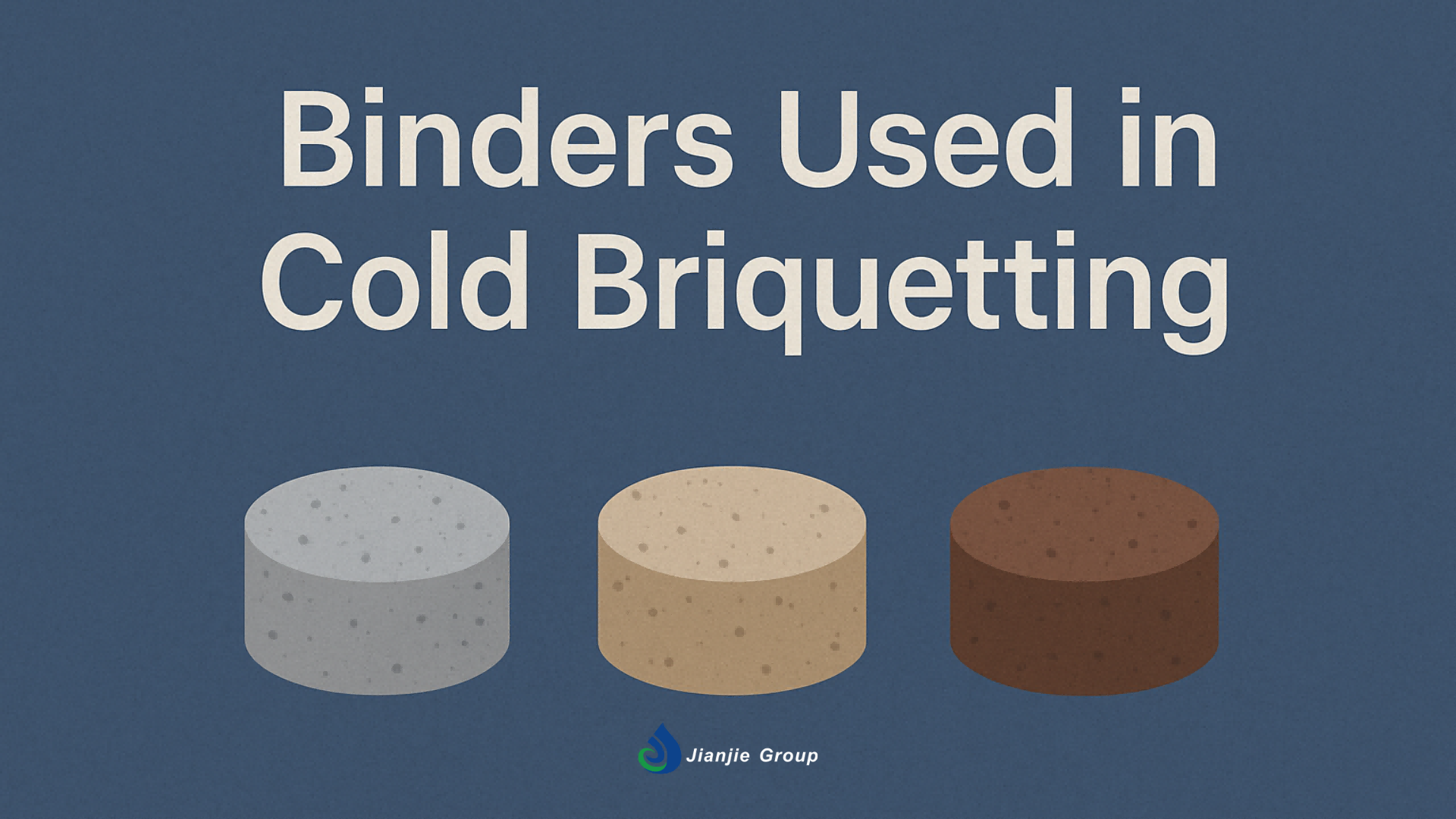 An illustration showing three cylindrical briquettes in gray, beige, and brown colors on a blue background, with the text 'Binders Used in Cold Briquetting' and the Jianjie Group logo.