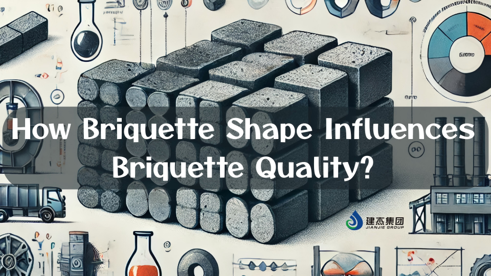Visual banner Assorted briquette shapes (cylindrical, rectangular) stacked, with industrial icons (factory, truck, lab equipment) in background. Title 'How Briquette Shape Influences Briquette Quality
