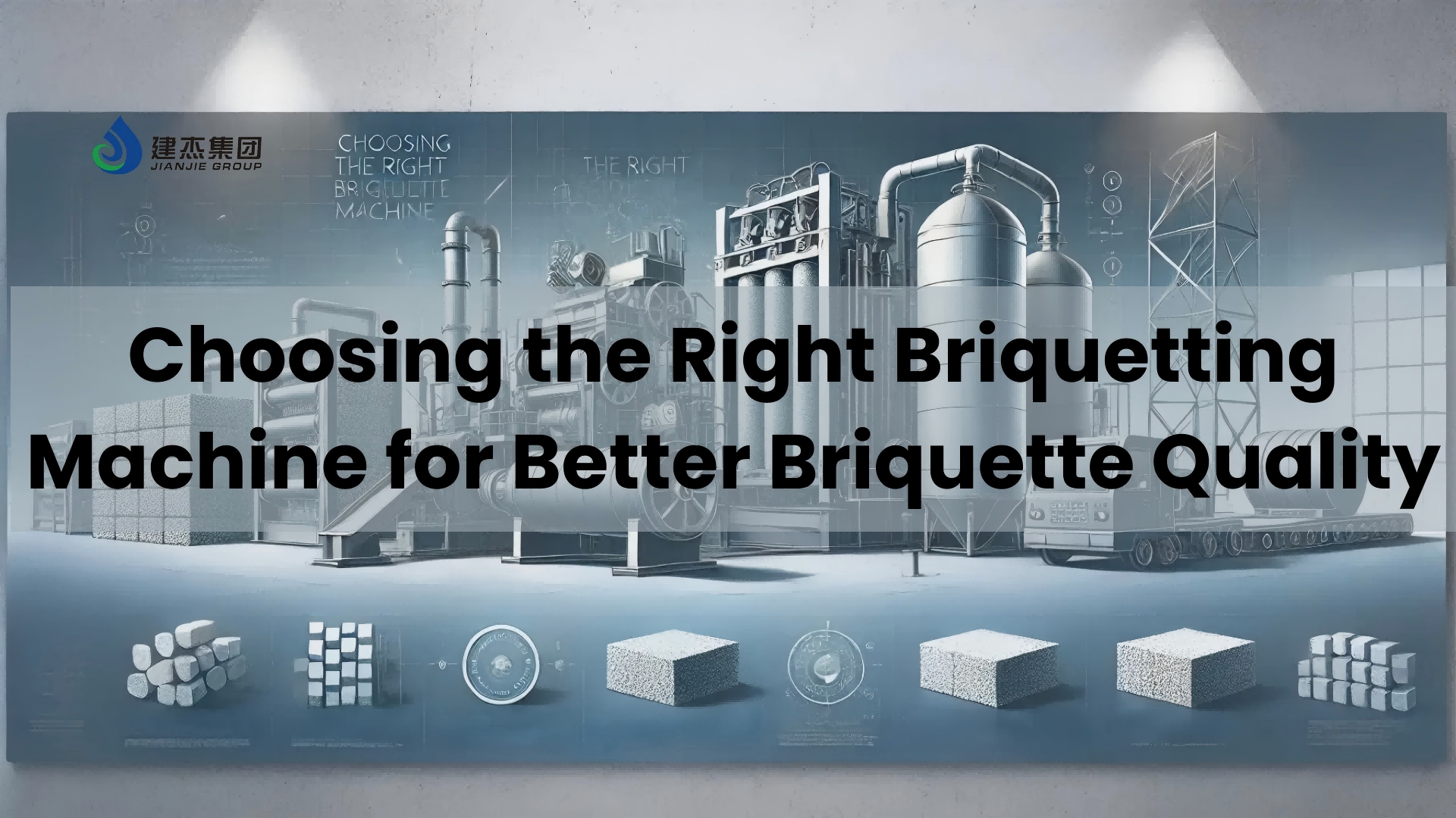 Industrial-equipment-background-with-the-title-Choosing-the-Right-Briquetting-Machine-for-Better-Briquette-Quality-showcasing-briquetting-machines-and-finished-briquettes